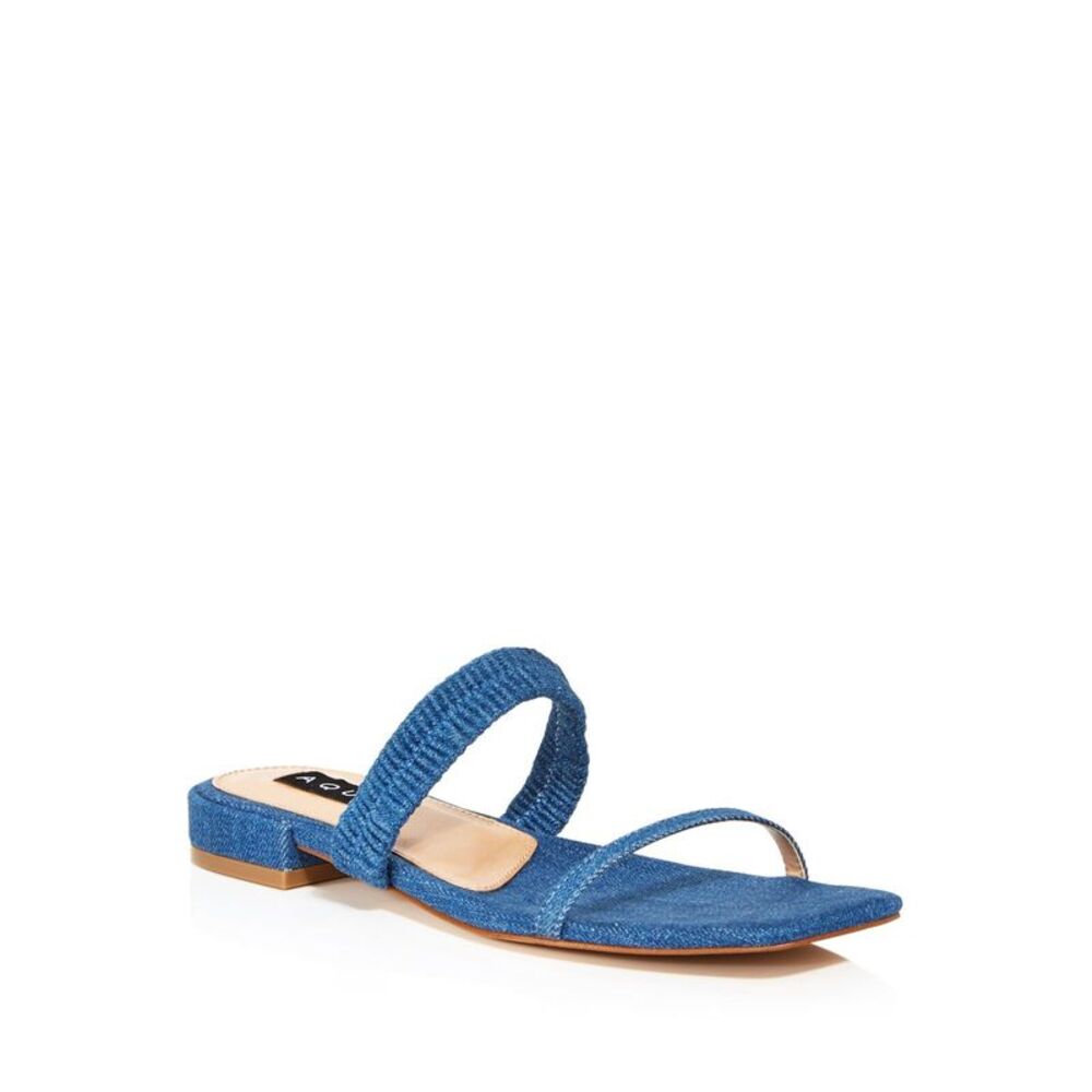 AQUA Womens Blue Stretch Livi Square Toe Block Heel Slip On Slide Sandals 7.5 M